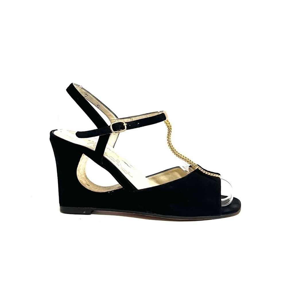 Vintage 1970s black suede gold chain t-strap cutout wedge disco heels
